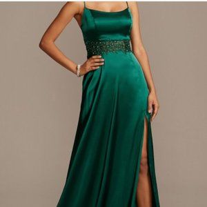 Crystal Illusion Waist Spaghetti Strap Satin Gown
